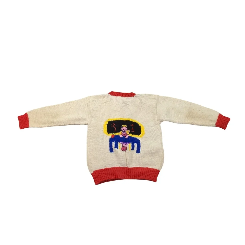Vintage Hearts & Triangles Kids Knit Cardigan School Apple Embroidered Cream Red